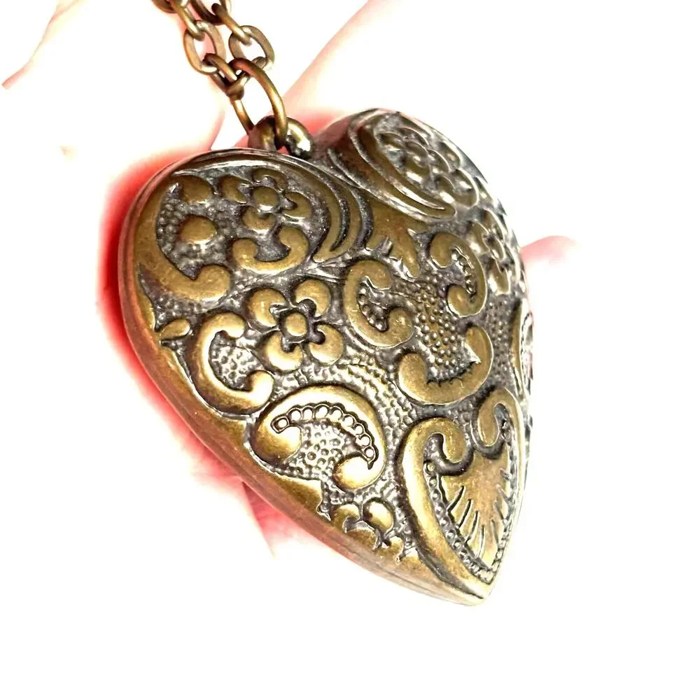 Puffy heart pendant necklace antiqued golden bronze color dimensional details